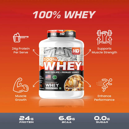 MD 100% Whey Advanced Protein | 24g Protein| 6.6g BCAA | 75 Serving