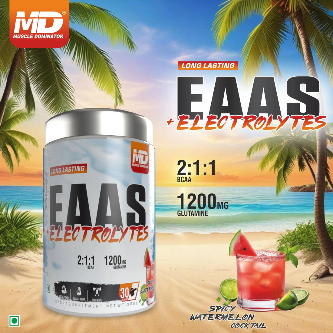 MD Long Lasting EAA + Electrolytes | 2:1:1 BCAA | 1.2g Glutamine | 30 Serving - Quenchlabz