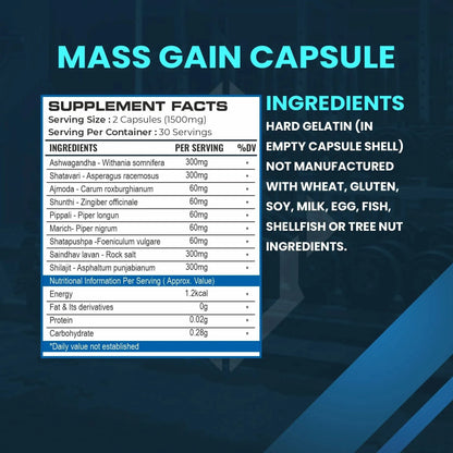 Mass Gainer 3 Kg + Mass Gain 60 capsules + Shaker 700 ml