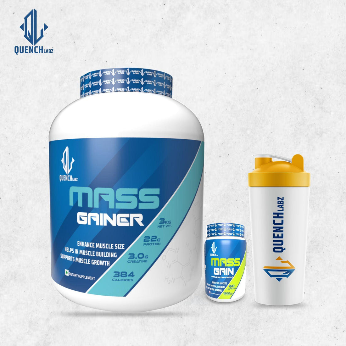 Mass Gainer 3 Kg + Mass Gain 60 capsules + Shaker 700 ml - Quenchlabz