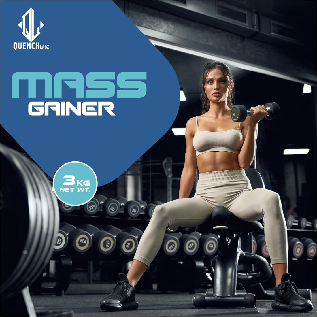 Mass Gainer 3 Kg + Mass Gain 60 capsules + Shaker 700 ml - Quenchlabz