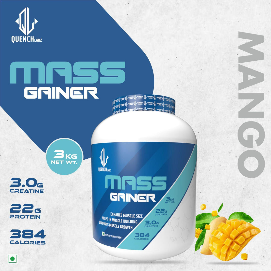 Mass Gainer 3 Kg + Mass Gain 60 capsules + Shaker 700 ml - Quenchlabz