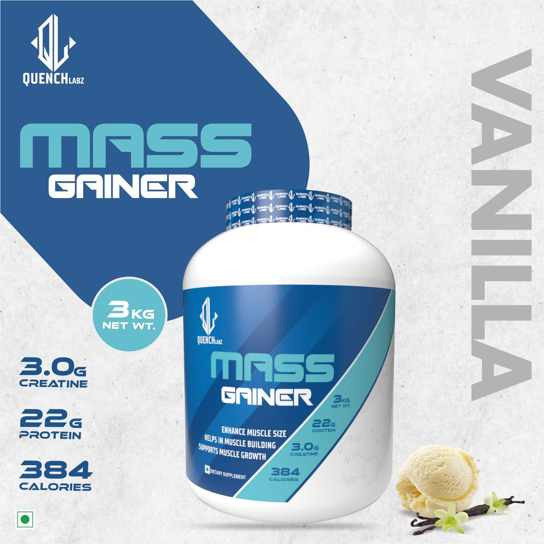 Mass Gainer 3 Kg + Mass Gain 60 capsules + Shaker 700 ml - Quenchlabz